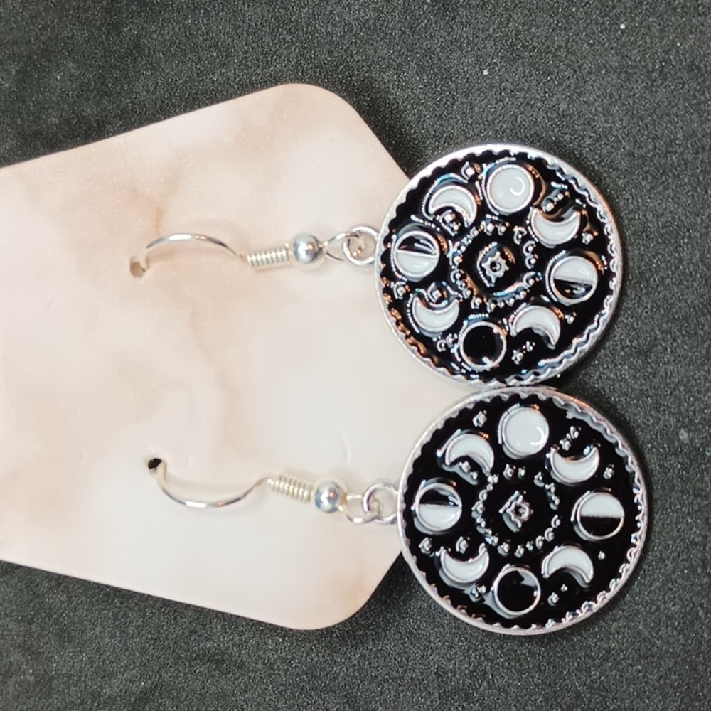 Hand Crafted Black and Silver Moon Phase Earrings